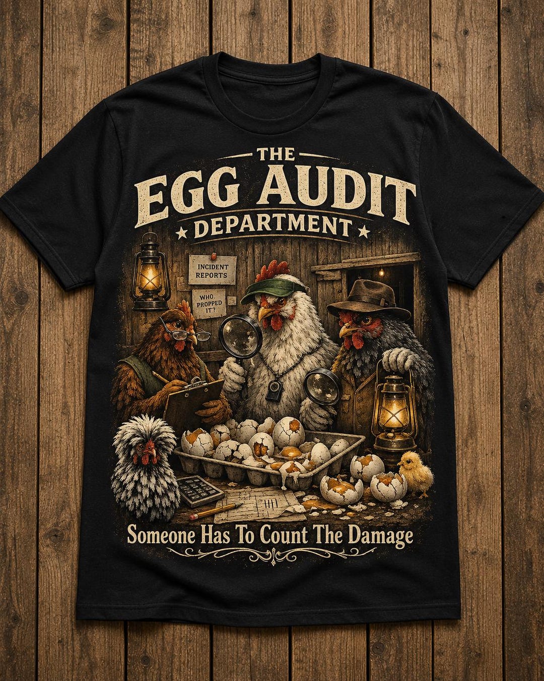 Black Egg Audit Department chicken shirt product mockup